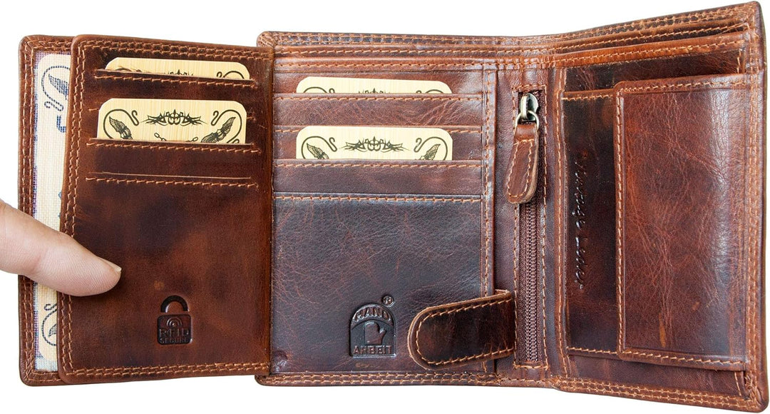 Braun glasierte Echtleder-Brieftasche für Herren mit RFID (Datenschutz) - Flügelprägung