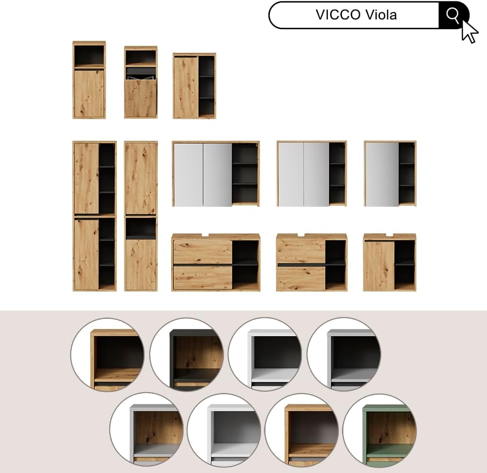 Vicco Badspiegelschrank Viola, Anthrazit/Eiche, 100 x 75 cm, Artisan-eiche