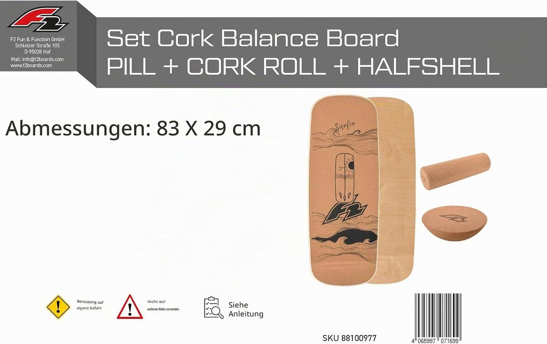 F2 Kork Balance Boards mit Korkrolle + Kork Halbkugel - Modell wählbar Pill 83x29cm, Pill 83x29cm