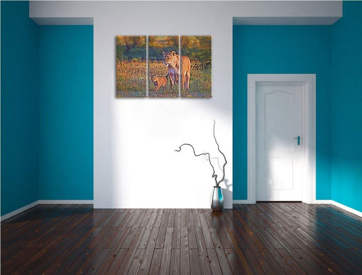 Löwenmutter mit Jungtieren NewArt 3-Teiler Leinwandbild 120x80 Bild auf Leinwand, XXL riesige Bilder
