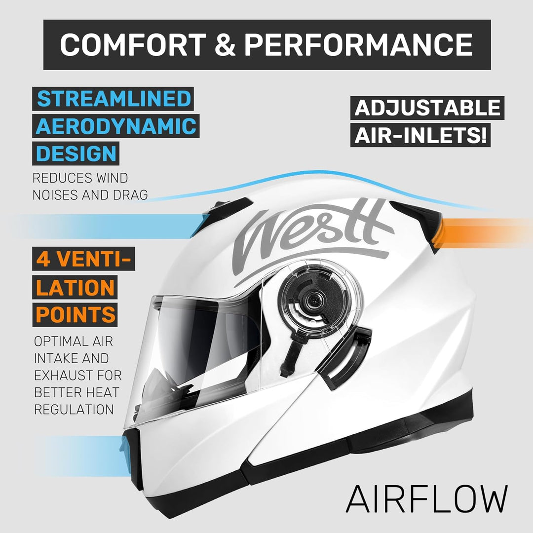 Westt Klapphelm Flip up Motorradhelm Integralhelm Herren Damen mit verstärktem Kinnschutz Chopper Mo