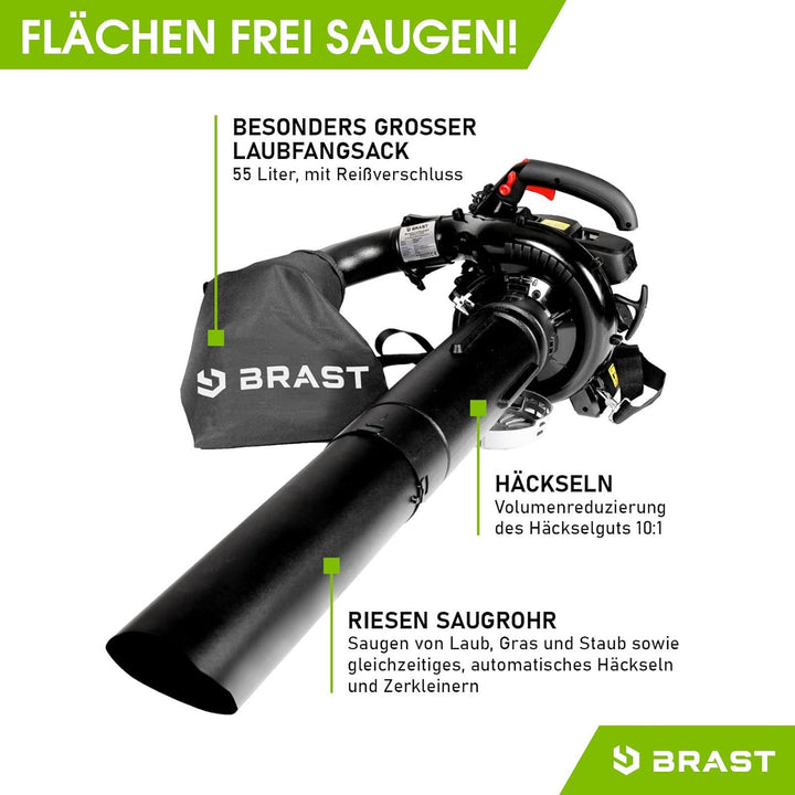 BRAST® Laubsauger Laubbläser Benzin 1,0kW(1,36PS) | 55L Fangsack | inkl. 2 Blasrohre, Schultergurt &