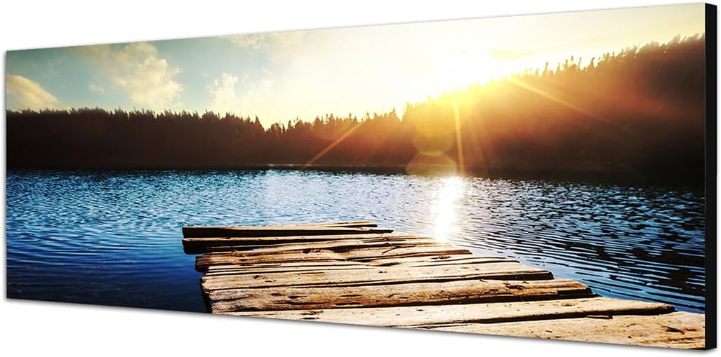 Paul Sinus Art Panoramabild auf Leinwand und Keilrahmen 150x50cm See Holzsteg Wald Sonnenuntergang