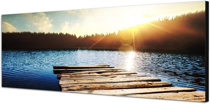 Paul Sinus Art Panoramabild auf Leinwand und Keilrahmen 150x50cm See Holzsteg Wald Sonnenuntergang