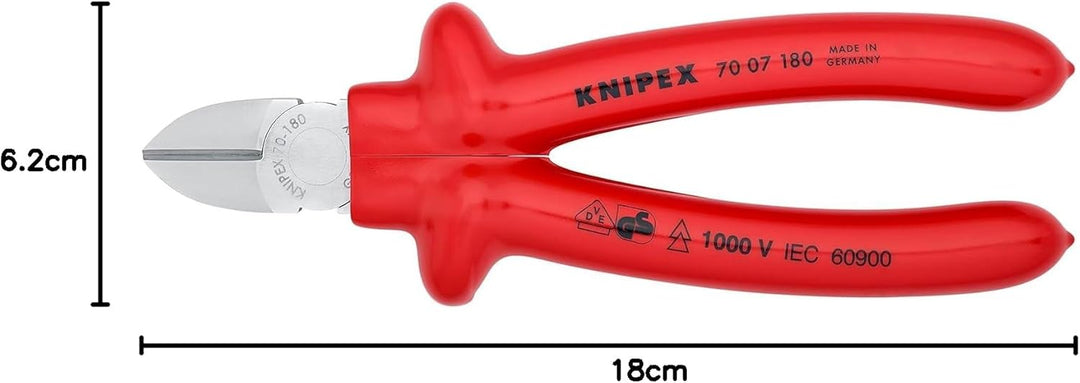 Knipex Seitenschneider verchromt, tauchisoliert, VDE-geprüft 180 mm 70 07 180 verchromt Griffe Tauch