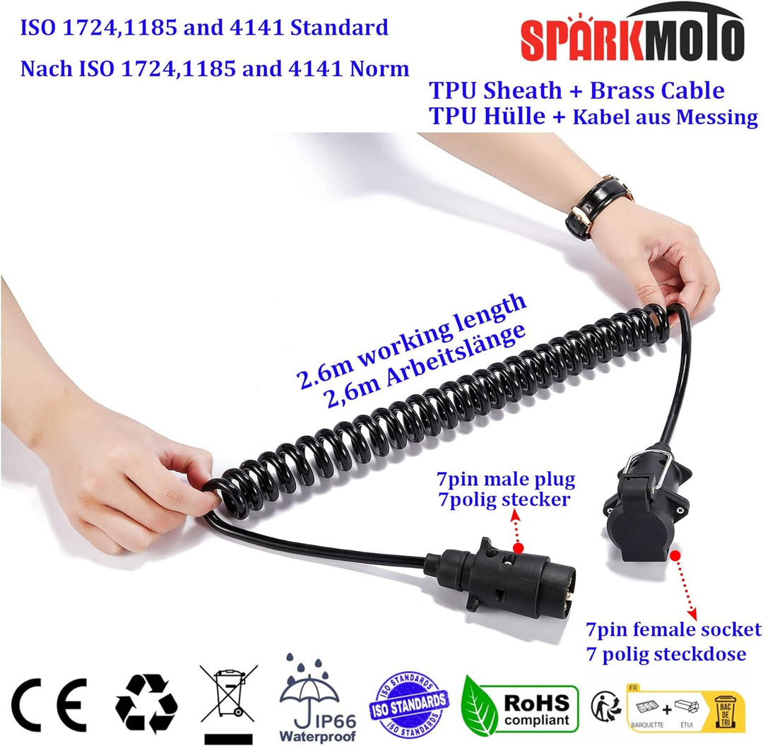 Spiral Anhänger Verlängerungskabel 7 Polig Adapterkabel mit Anhänger Stecker Steckdose 2.6m 7Polig S