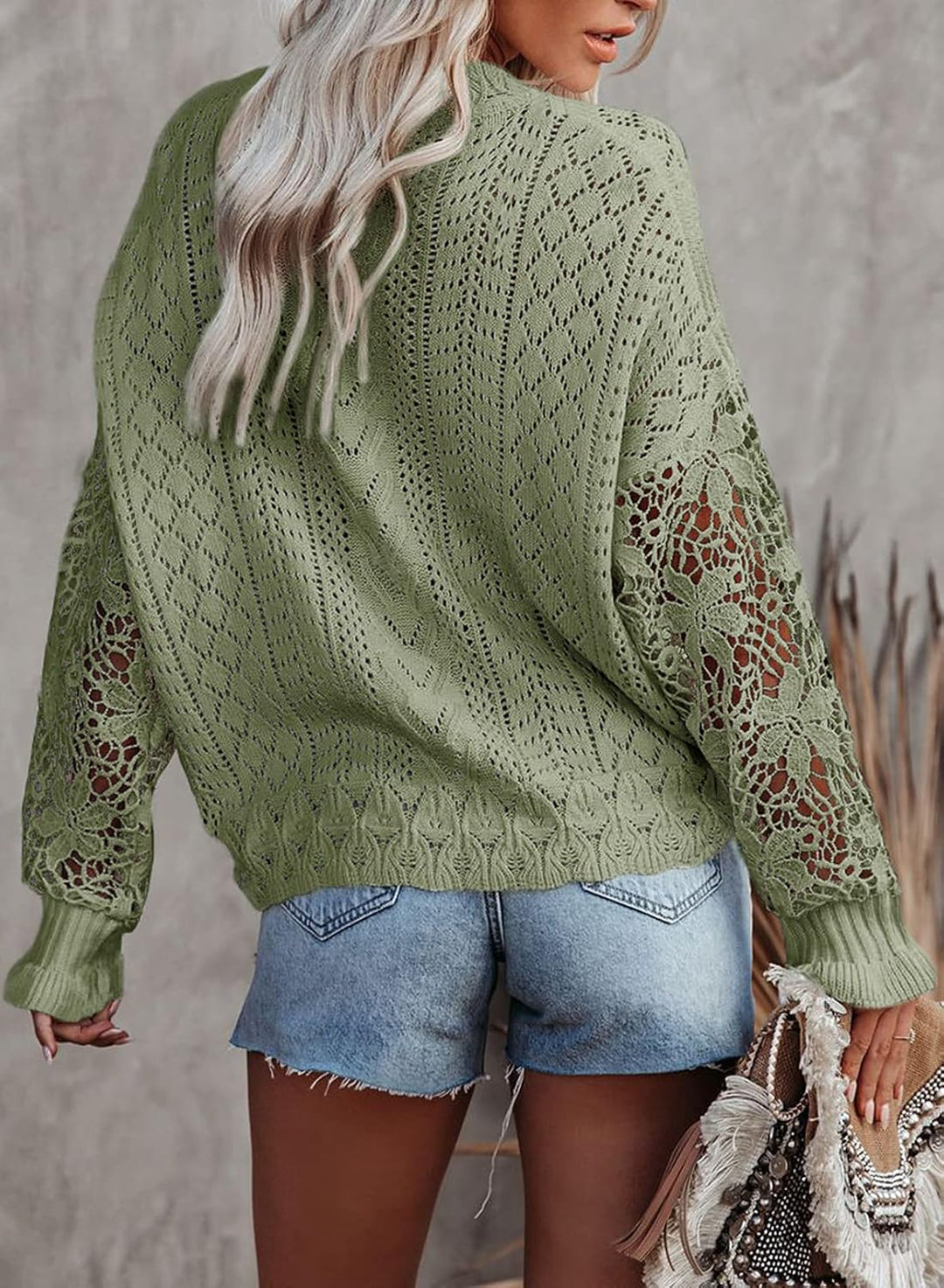 Maavoki Pullover Damen Spitze Strickpullover Lässige Rundhals Lace Langarm Häkelpullover Elegantes E