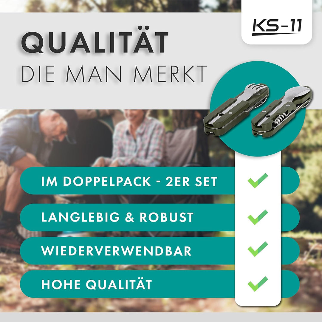 KS-11 2 Stück Outdoor Bundeswehr Besteck Edelstahl Campingbesteck Essbesteck Set 6 teilig Camping Be