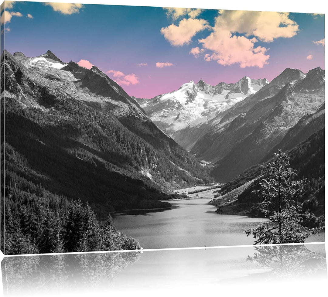 ruhiger See in verschneiter Berglandschaft schwarz/weiss Format: 100x70 auf Leinwand, XXL riesige Bi