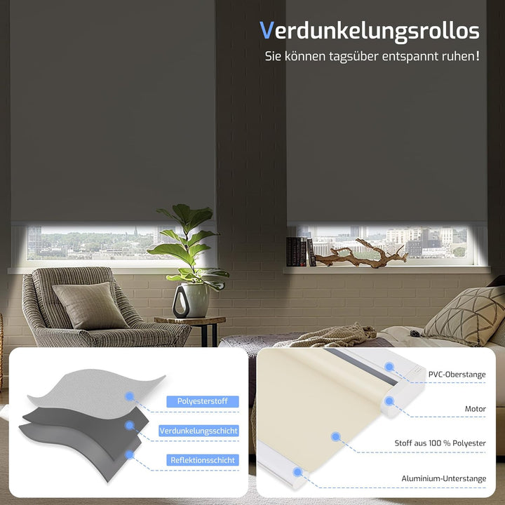 Grandekor Rollo Elektrisch 95x120cm Creme, Elektrisches Verdunklungsrollo Klemmfix ohne/mit Bohren,