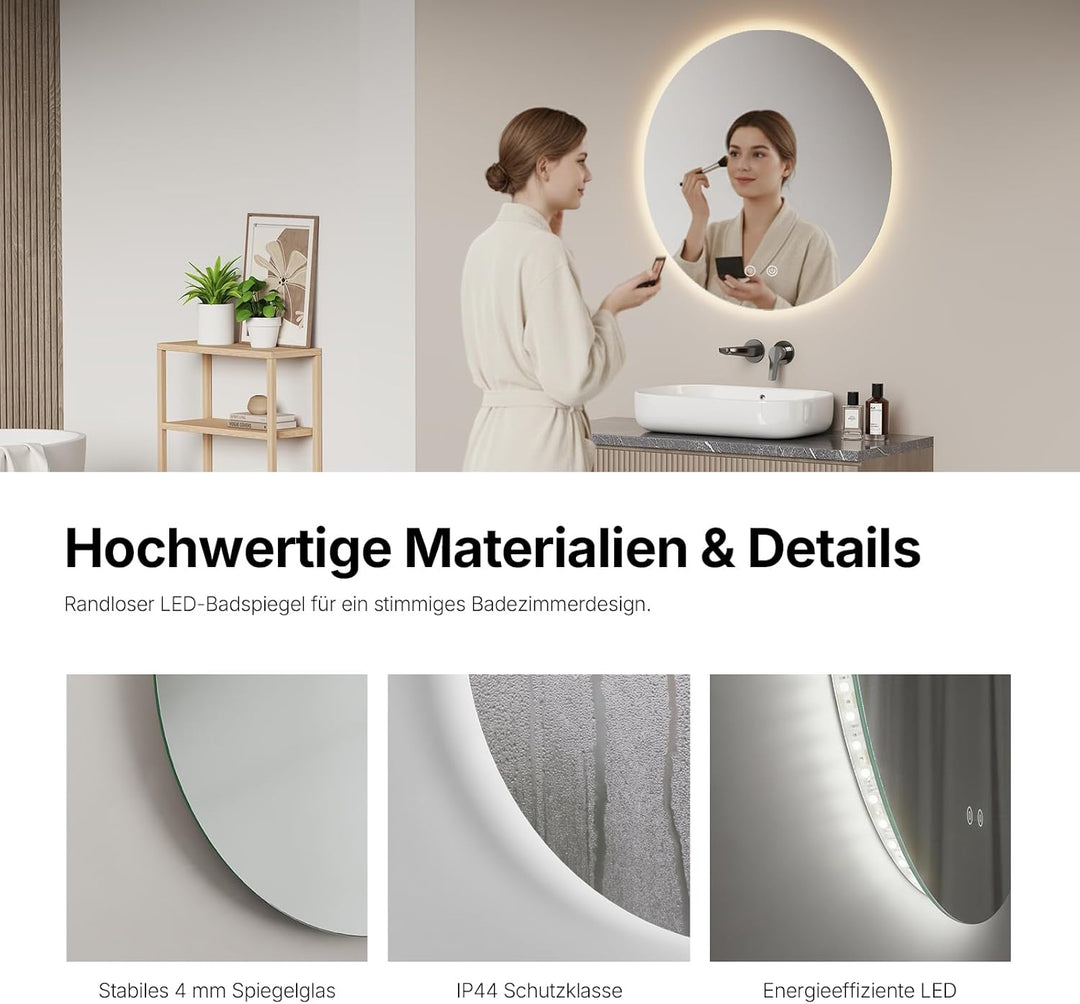 Badspiegel mit Beleuchtung Rund, 60 cm LED Spiegel mit Touch-Schalter, Badezimmer Spiegel mit Beleuc