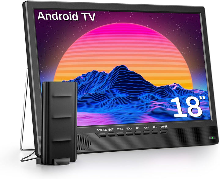 DESOBRY 18 Zoll Smart TV Android, Kleiner Fernseher DVB-T2-Tuner und, 1080p Tragbarer Outdoor Fernse