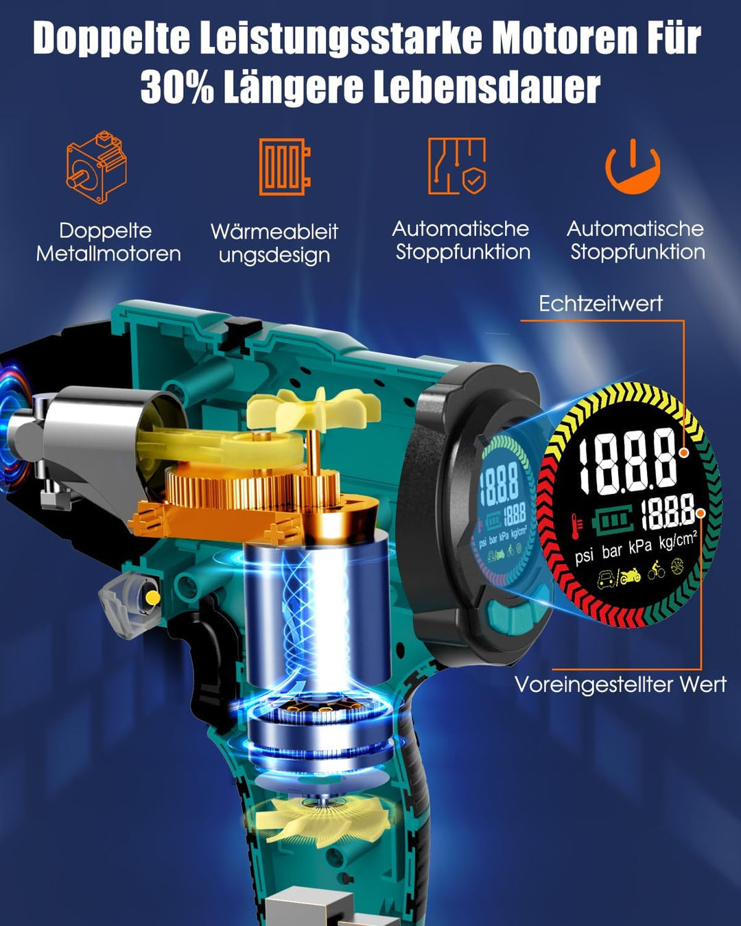 AUTDER 21V Akku Luftkompressor - 12,4 Bar/180 PSI Hochdruck Elektropumpe mit LED-Licht & Kühlsystem,