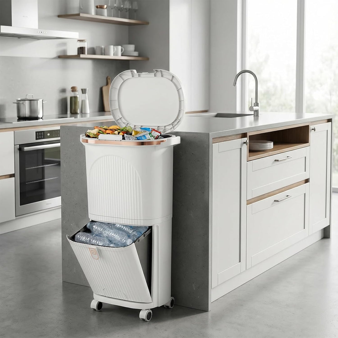 GIANTEX Mülleimer Küche 3 Fächer, 38 L, Abfalleimer mit Rollen, Tretmülleimer mit Deckel & Fusspedal