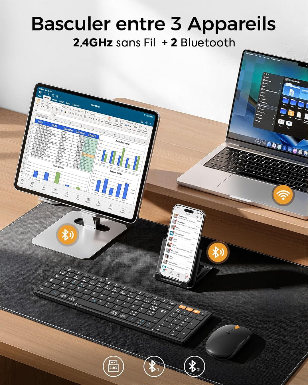 MoKo Zusammenklappbares kabelloses Tastatur- und Maus-Set, tragbare AZERTY-Bluetooth-Tastatur mit Zi