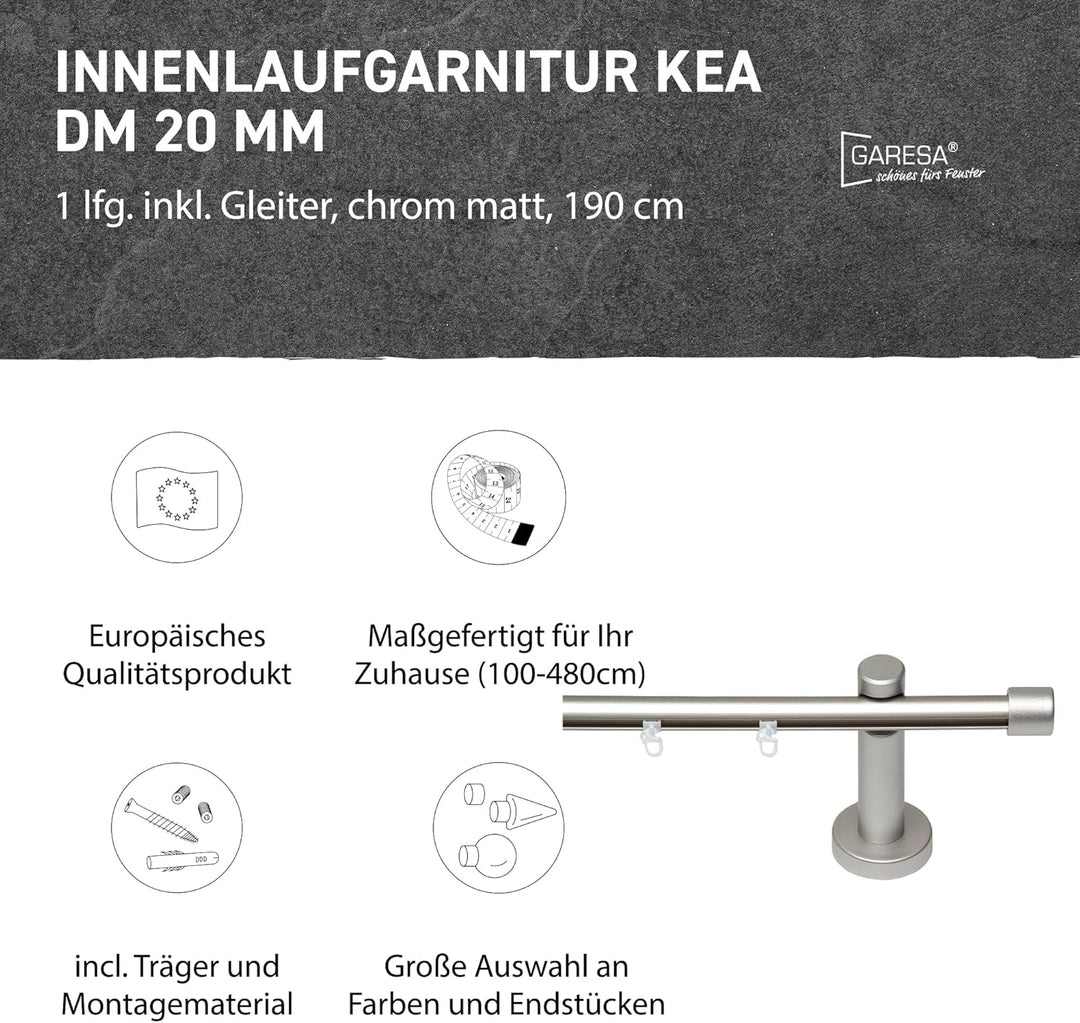 Garesa Gardinenstange Kea Ø 20mm, 1-läufig, Chrom, matt I Aluminium Vorhangstange inkl. Gleiter I En