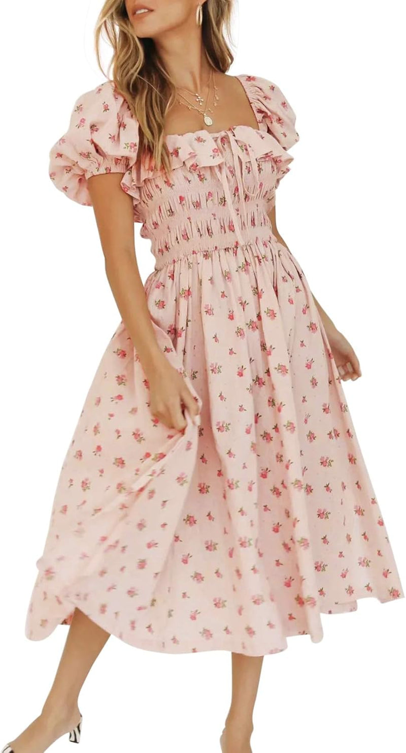R.Vivimos Damen Casual A-Line Print Vierkant Puff Ärmel Kleid Saum Hohe Taille Midi Fitted Kleid Ber
