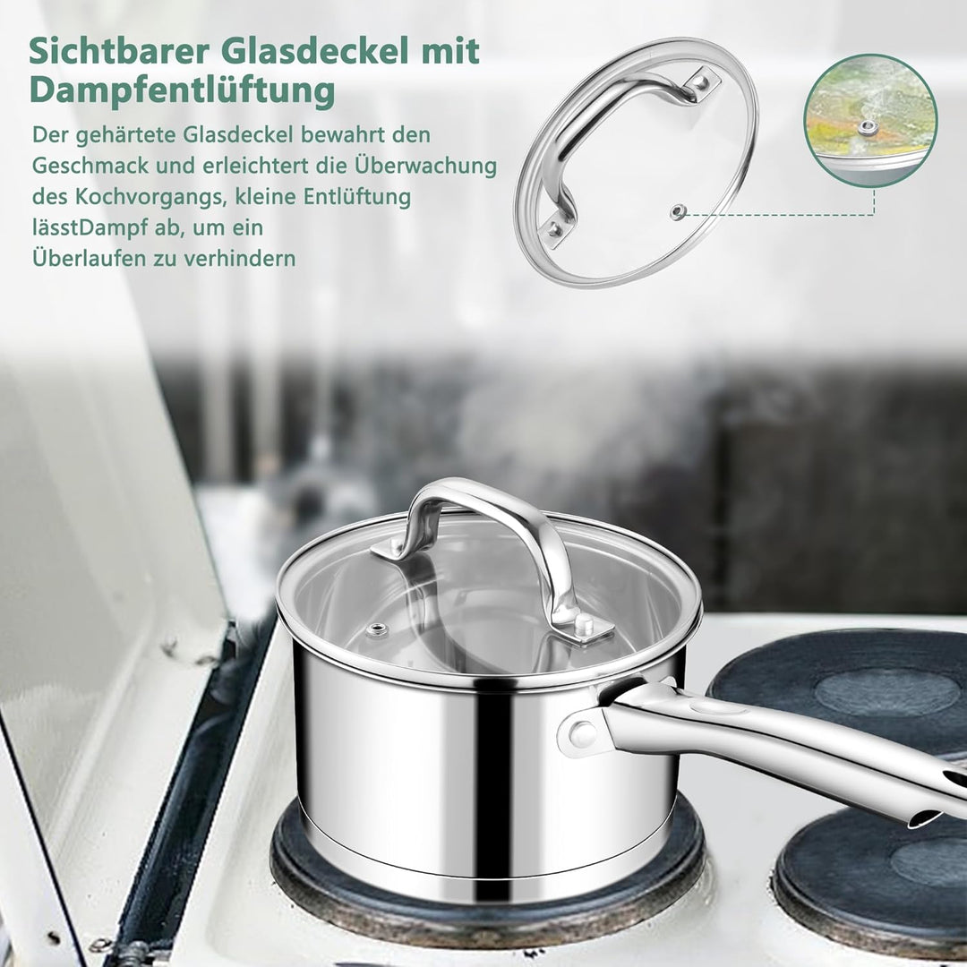 TEAMFAR Stielkasserolle 16cm, Edelstahl Milchtopf Kochtopf Induktion mit 3-Lagen Boden für alle Herd