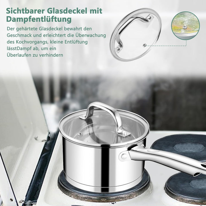 TEAMFAR Stielkasserolle 16cm, Edelstahl Milchtopf Kochtopf Induktion mit 3-Lagen Boden für alle Herd