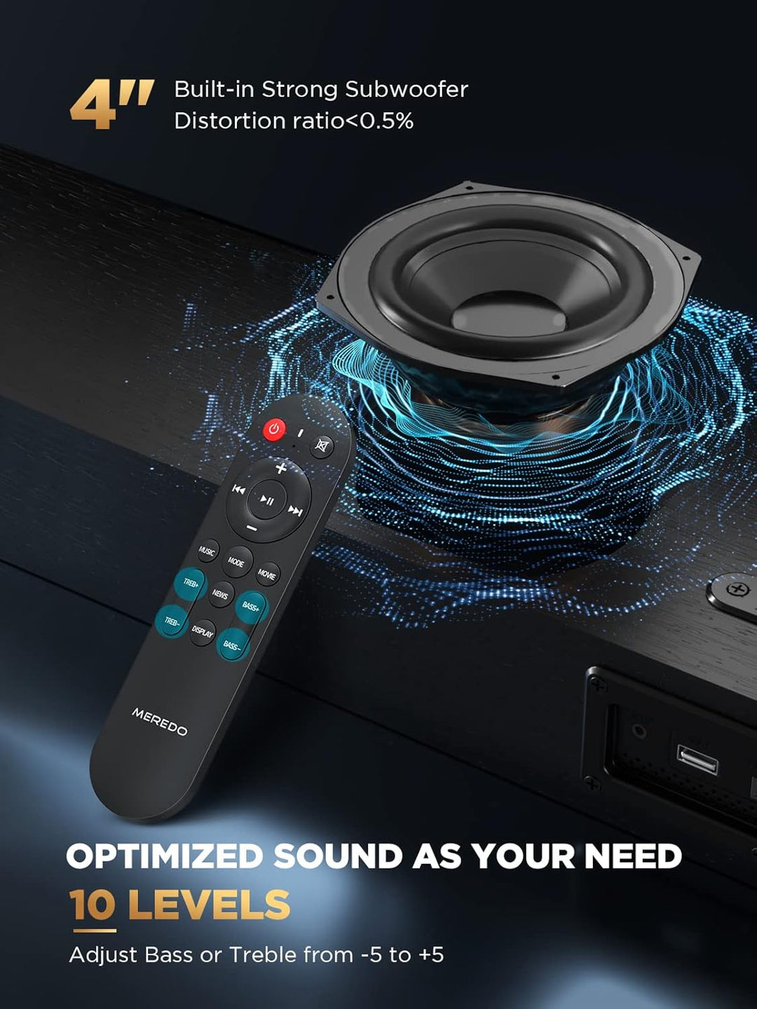MEREDO Soundbar 2.1 Holz für TV Geräte 150W mit integriertem Subwoofer mit ARC Kable, Optisch, AUX,