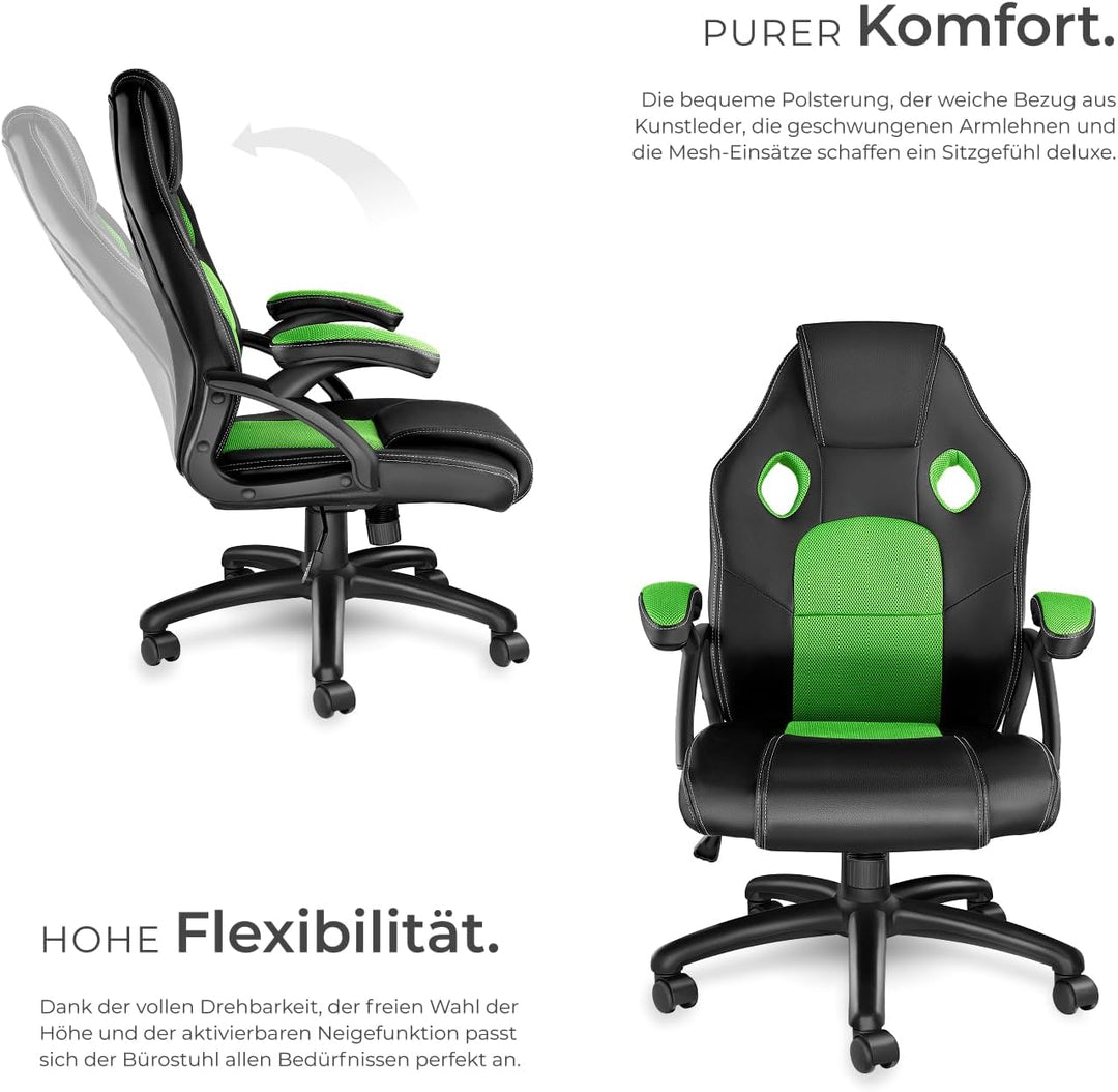 tectake® Racing Bürostuhl, Gaming Stuhl mit Wippfunktion, Chefsessel, Drehstuhl mit Rollen, höhenver