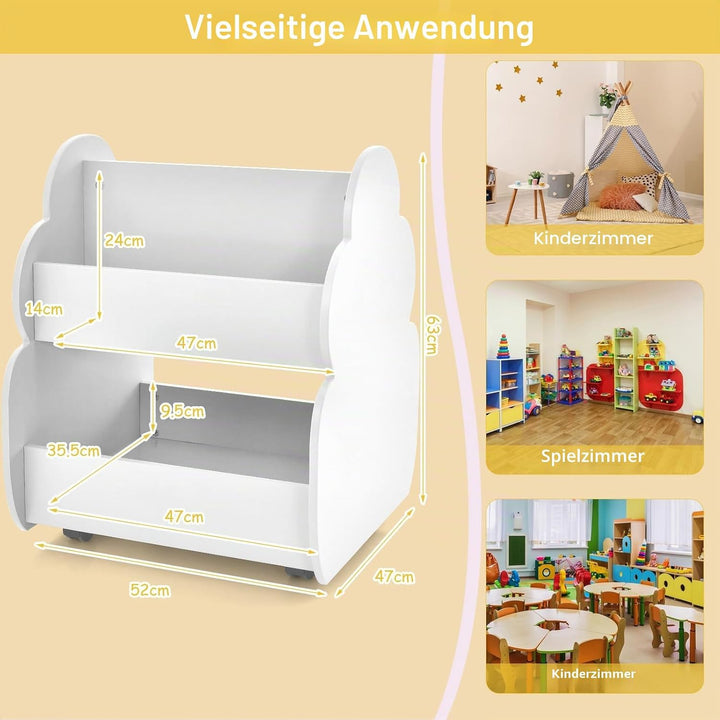 HOMASIS Kinder Bücherregal Spielzeugregal mit 2 Fächern, Holz Kinderregal Standregal mit 4 Rädern, n