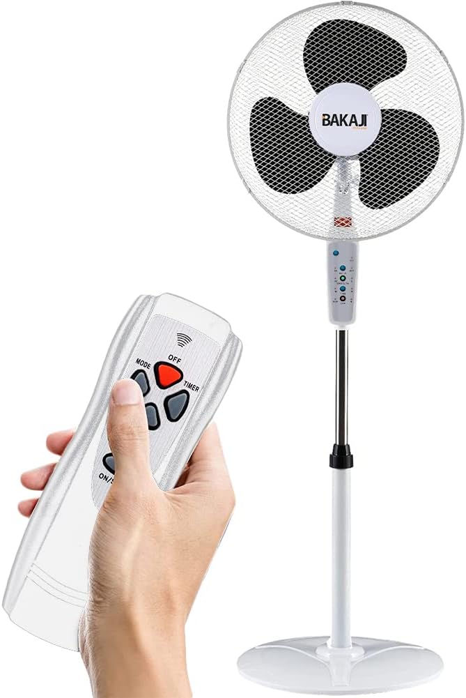 BAKAJI Standventilator, Leistung 50 W, Flügeldurchmesser 40 cm, 3 Geschwindigkeitsstufen, Timer-Funk