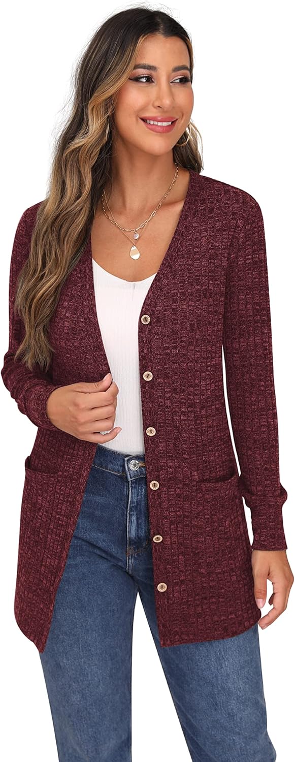 GRECERELLE Damen Lang Strickjacke Herbst Leichte mit Taschen und Knöpfen Weiche Long Elegant Gerippt