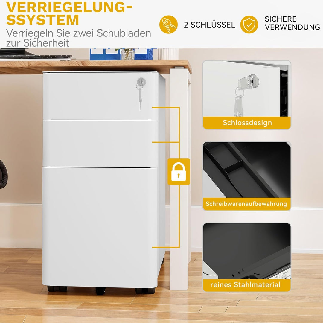 DWVO Mobile Aktenschrank 3 verschliessbare Schubladen, Metall Aktenschrank für Home Office, Unter Sc