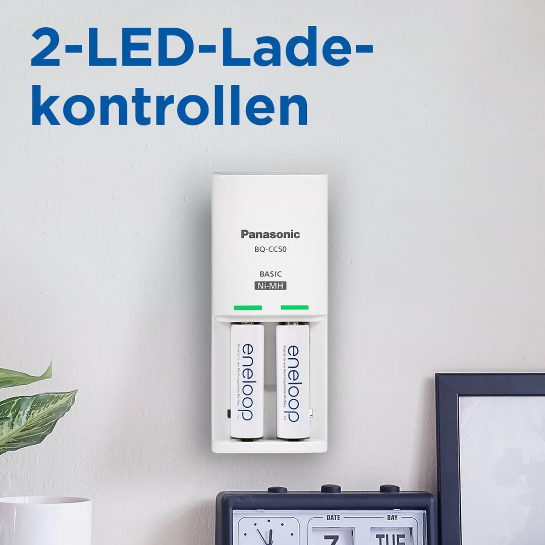 Panasonic eneloop Compact Ladegerät für 1–2 AA/AAA NI-MH-Akkus, mit 2 LED-Anzeigen und 6 Sicherheits
