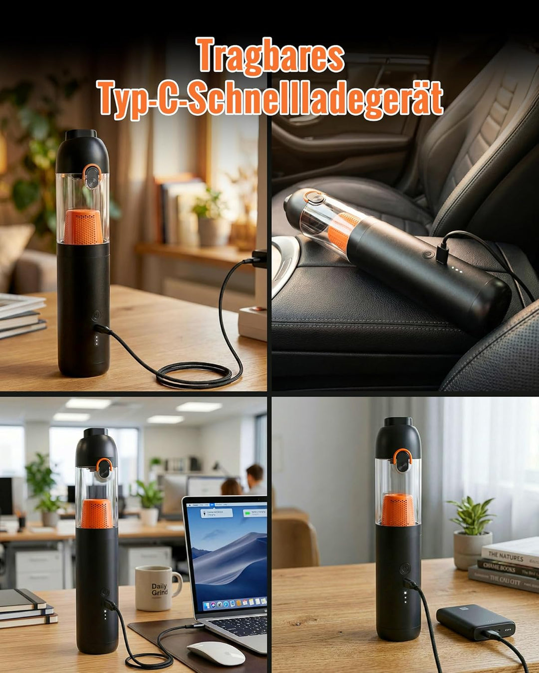 Handstaubsauger Akku, 4-in-1 Tragbarer Mini Kabelloser Auto Staubsauger mit 19.000 Pa Saugkraft, Lei