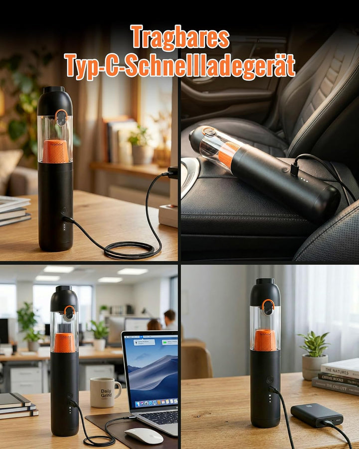 Handstaubsauger Akku, 4-in-1 Tragbarer Mini Kabelloser Auto Staubsauger mit 19.000 Pa Saugkraft, Lei