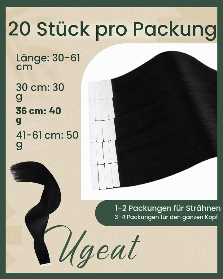 Ugeat Tape Extensions Echthaar Schwarz Tape in Extensions Remy Echthaar 50cm Seamless Tape in Extens