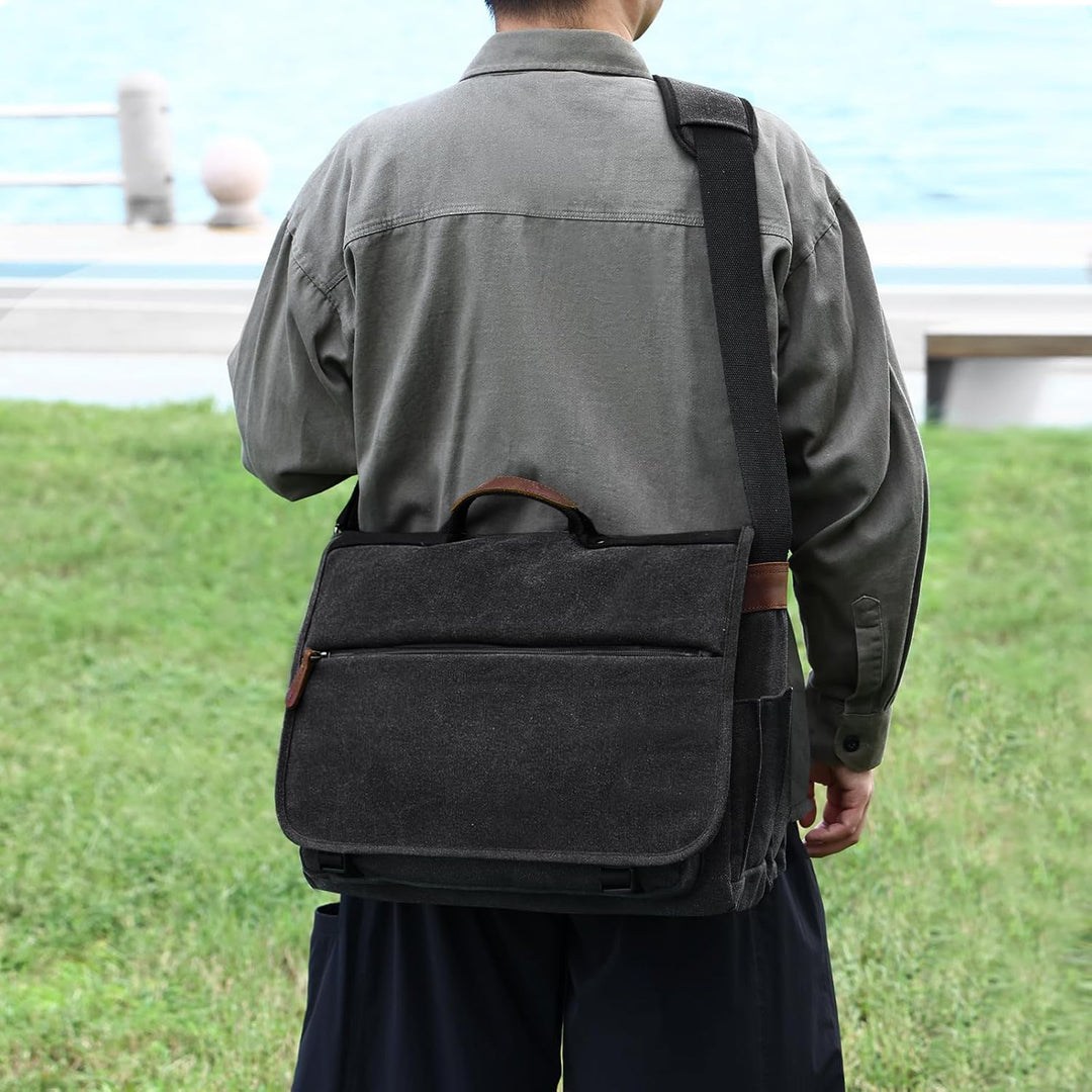 Eshow Umhängetasche Herren Wasserabweisend, Laptoptasche 15,6 Zoll aus Echtleder und Canvas, Messeng