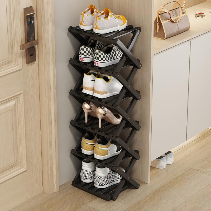 Kleines Schuhregal Schwarz, 6 Ebenen Bambus Klappbares Schuhorganizer Freistehendes Regal für Eingan