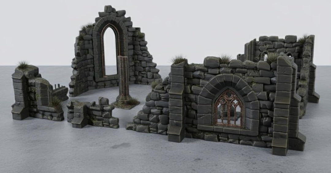 9er Set Klosterruinen für Tabletop – 28mm &amp; 32mm Gelände Gotische Ruinen, 3D-Druck aus PLA-Kunststof