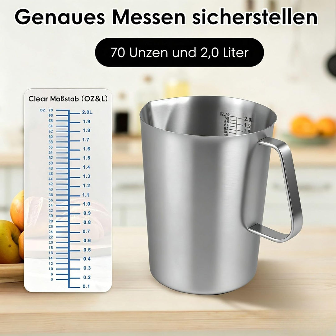 Messbecher Edelstahl 2000ml mit Feinskala Griff Milchkännchen Edelstahl mit Anti-Tropf-Ausguss BPA-f
