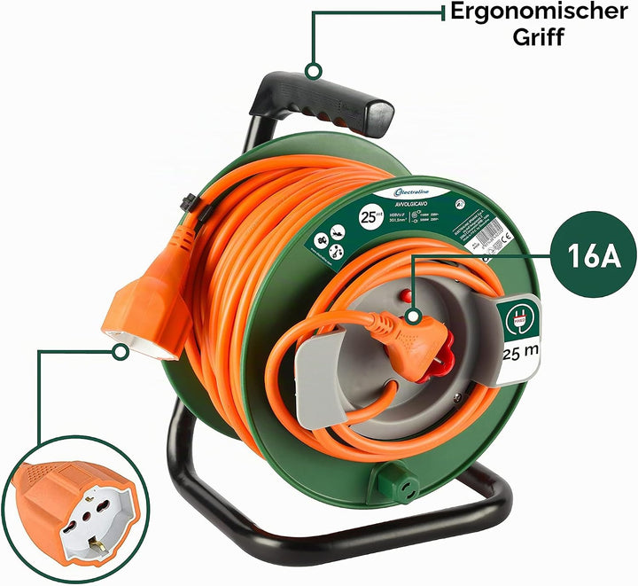 Electraline 49232 Kabeltrommel mit Stecker Universal passend für Geräte von Gartenarbeit, Thermoschu