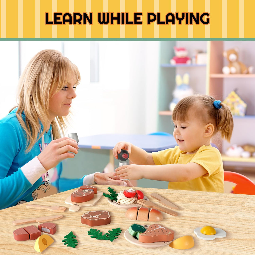 Holz Spielen Essen für Kinder, Steak Spielzeug, Küchenzubehör Set, Restaurant Spielen für 3 + Jungen