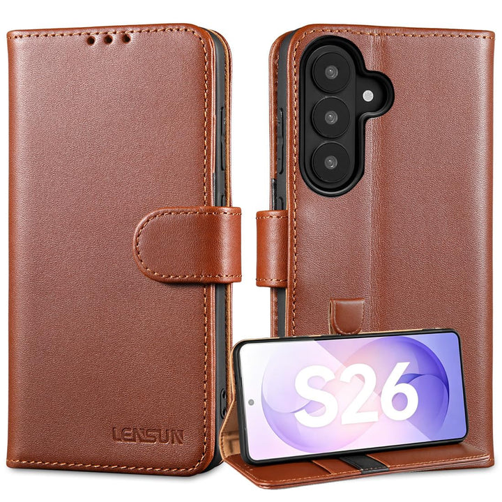 LENSUN Hülle für Samsung Galaxy S26 Echtleder, Handyhülle [Premium Echtes Leder][Standfunktion][RFID