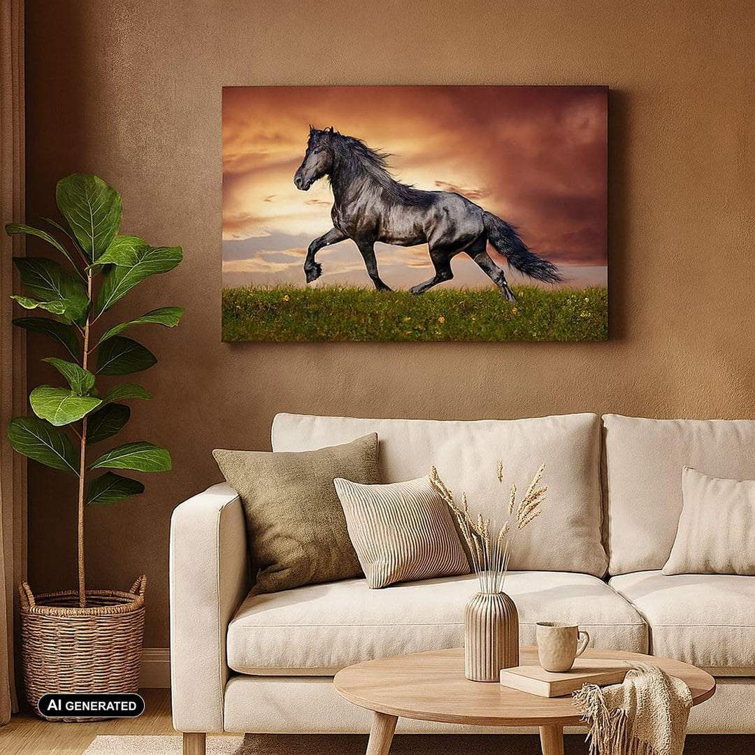 Bilder auf Leinwand 100x70cm Leinwandbild mit Rahmen Pferd Tier Wiese Gross Wanddeko Bild Schlafzimm