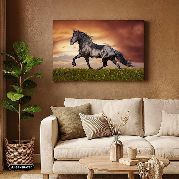 Bilder auf Leinwand 100x70cm Leinwandbild mit Rahmen Pferd Tier Wiese Gross Wanddeko Bild Schlafzimm