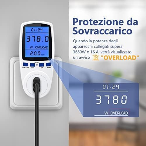 Maxcio Strommessgerät mit LCD-Display, italienischer Stecker 16 A, Hintergrundbeleuchtung, Leistungs