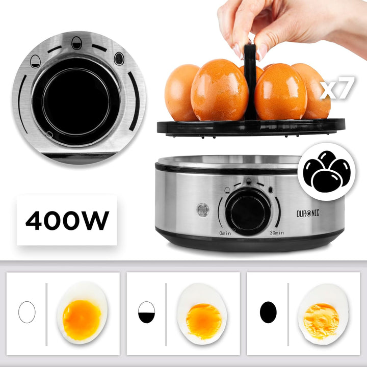Duronic EB50 BK Eierkocher für 7 Eier, 400 Watt, Härtegrad von weich bis hart, mit Timer, mit Messbe