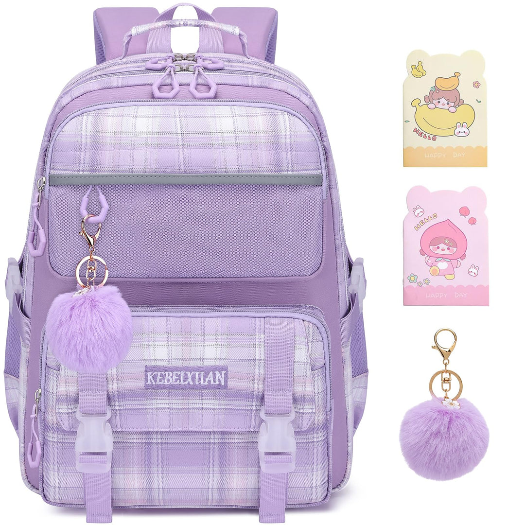 KEBEIXUAN Rucksack Mädchen, Schultasche Mädchen 1.-5. Klasse, Atmungsaktiv Schulrucksack mit Pom-Pom