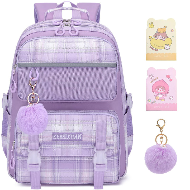 KEBEIXUAN Rucksack Mädchen, Schultasche Mädchen 1.-5. Klasse, Atmungsaktiv Schulrucksack mit Pom-Pom