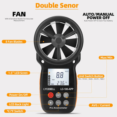LYCEBELL Windmesser Windmessgerät, LC-100-APP Digital Anemometer, APP Connect mit drahtlosem Bluetoo