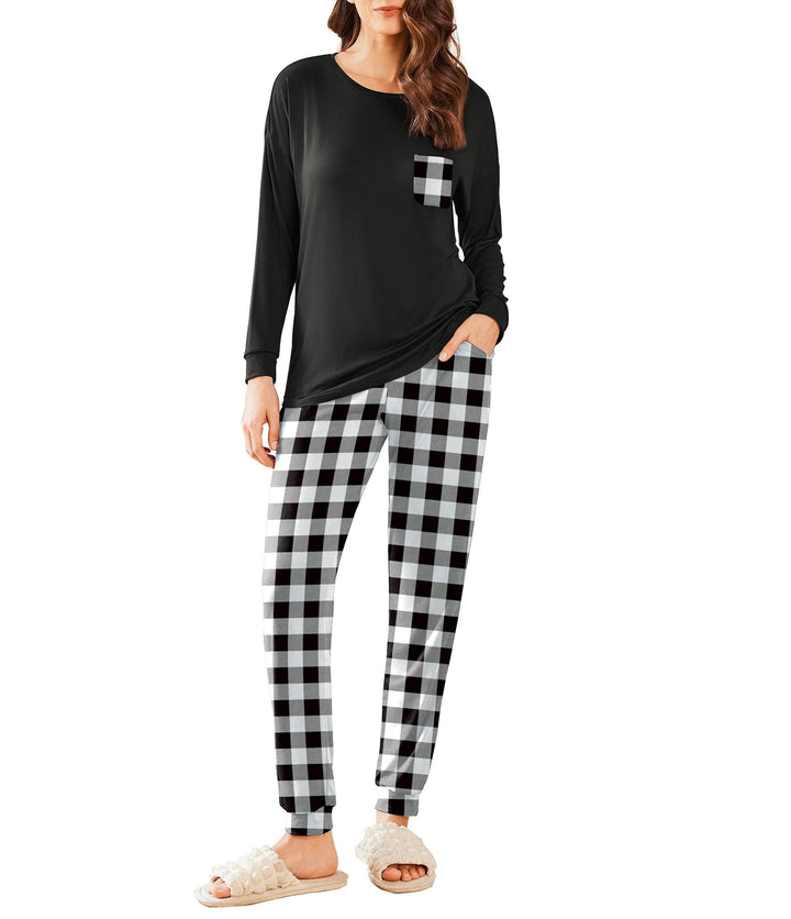Ekouaer Schlafanzug Damen Lang Zweiteiler Pyjama Langarm Warm Pyjama Set Weich Nachtwäsche Kariert,