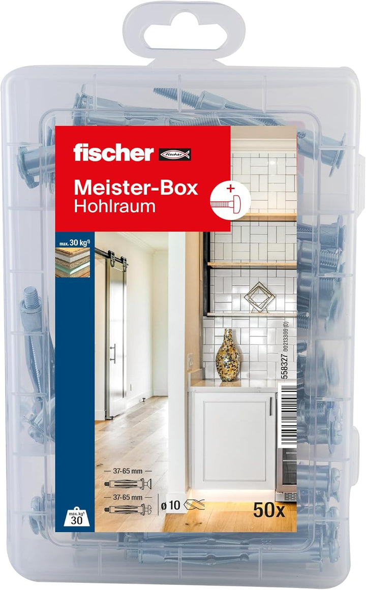 fischer MEISTER-BOX Hohlraumdübel, Sortimentsbox mit 50 Hohlraummetalldübeln und Schrauben, praktisc