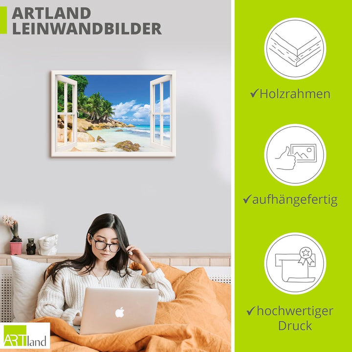 ARTland Leinwandbilder Wandbild Bild Leinwand 100x70 cm Querformat Fensterblick Strand Karibik Meer
